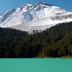 Jade-colored lake, next to a forest, at the foot of a snowy mountain
