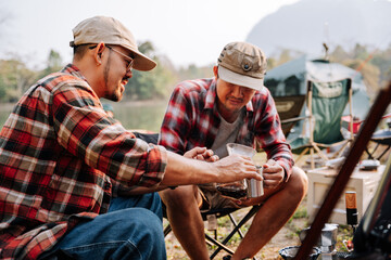 Camping with friends and drip coffee in the camp.