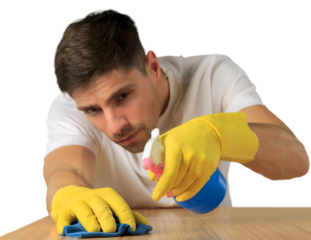 Young man Cleaner with equipment isolated on white background