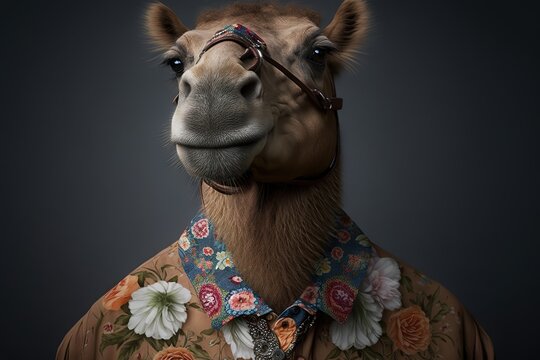 Portrait of camell wearing floral shirt, spring, flowers, generative AI