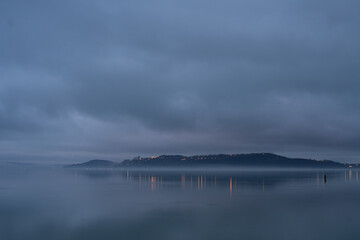 Tihany peninsula on a foggy winter day from Balatonfured