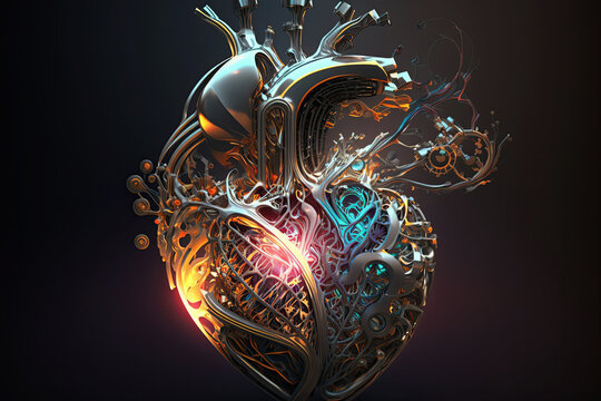 mechanical metal anatomical heart of cyborg robot. Art concept. Generative AI
