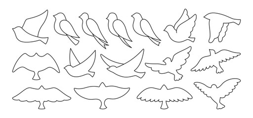 Bird dove linear abstract sign set. Doodle modern trendy fowl or sparrow, dove pigeon outline illustration. Cute various simple contour birds songbird collection. Drawing vector graphic elements