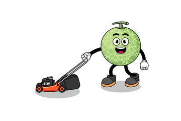 melon fruit illustration cartoon holding lawn mower