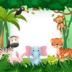 Wildlife animal in jungle with square copy space . Kids style . Vector .