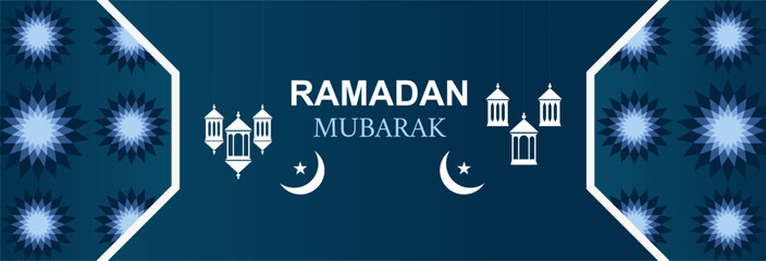 Ramadan Mubarak Islamic background with Mosque Crescent Moon and Lantern. Ramadan kareem festival celebration islamic banner. Religious Islamic Greeting. lamps decoration,Ornamental Lantern Burning.