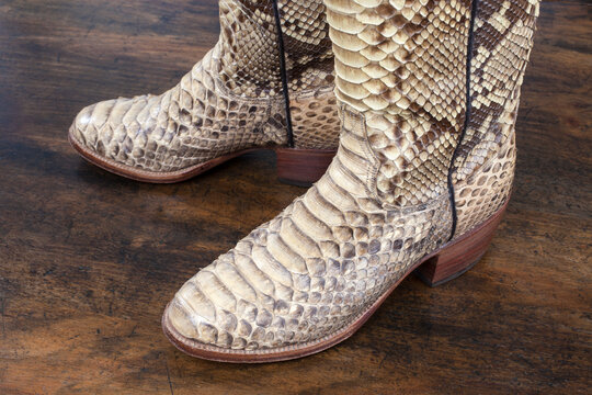Close up of Python skin cowboy boots.