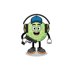Character mascot of melon fruit doing shooting range