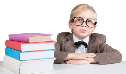 Young boy in glasses and books isolated on white background