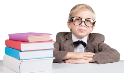 Young boy in glasses and books isolated on white background