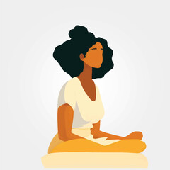 young black lady meditating sitting down, minimalistic vector illustration