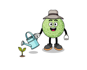 Illustration of melon fruit cartoon watering the plant