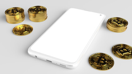 White cell phone mockup for title apps and websites. White background with gold coins.