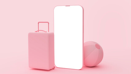 Pink cell phone mockup for travel apps and websites. Pink background with bag and ball.