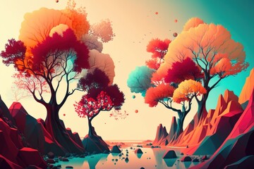 Vibrant abstract landscape with whimsical trees, generative ai