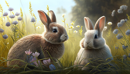 bunnies in a meadow on a sunny spring day background