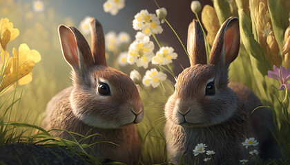 bunnies in a meadow on a sunny spring day background