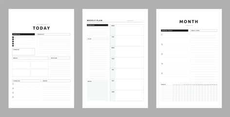 3 set of Daily, Weekly, Monthly, Year Planner template. Make your day more easily and happy. Vector Print template.