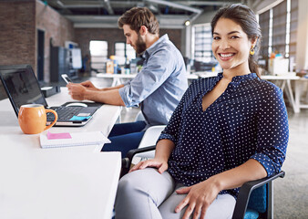 Teamwork, smile and portrait of woman at desk with laptop and man at creative agency, working on...