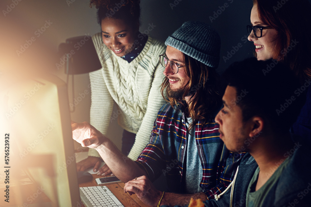 Poster Computer, diversity teamwork or night team programming ERP software, cybersecurity system or code. Information technology, ai developer and programmer collaboration on coding cloud computing database