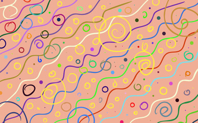 Abstract colorful pattern of wavy lines, circles and spirals. Composition in the form of an arbitrary multi-colored pattern on a background of a soothing coral color. Vector illustration, EPS 10.