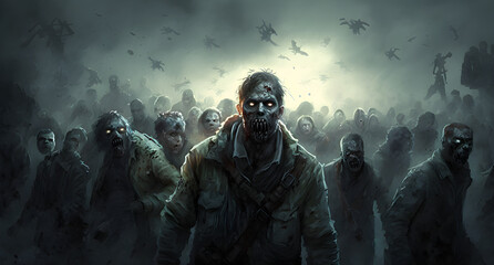 A zombie horde in the destroyed ruins of a city after a zombie apocalypse outbreak, generated by ai