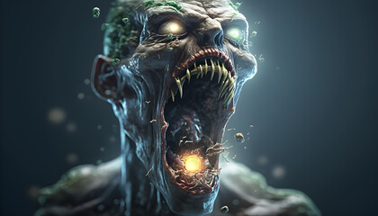 A man infected with a zombie fungus or virus, going insane by the infection on a zombie apocalypse, generated by ai