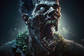 A man infected with a zombie fungus or virus, going insane by the infection on a zombie apocalypse, generated by ai
