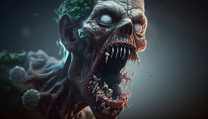 A man infected with a zombie fungus or virus, going insane by the infection on a zombie apocalypse, generated by ai