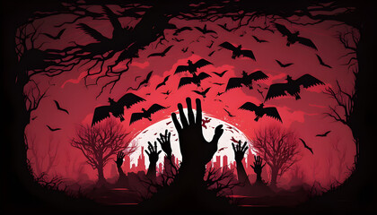 Halloween cartoon zombie hands coming from the ground vector, art for halloween and spooky comemorations, generated by ai