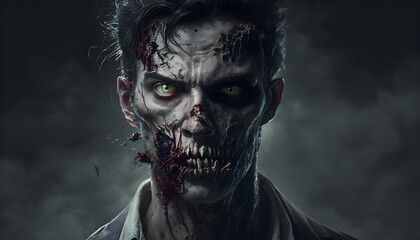 A man infected with a zombie fungus or virus, going insane by the infection on a zombie apocalypse, generated by ai