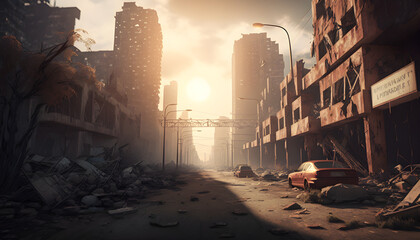 The destroyed ruins of a city after a zombie apocalypse outbreak, nature growing back, generated by ai