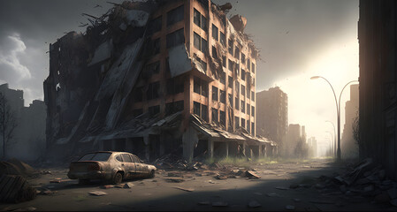 The destroyed ruins of a city after a zombie apocalypse outbreak, nature growing back, generated by ai