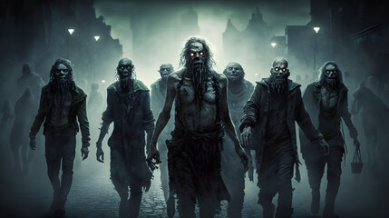 A zombie horde in the destroyed ruins of a city after a zombie apocalypse outbreak, generated by ai