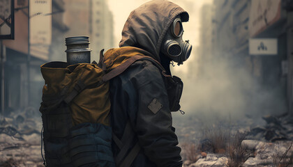 A survivor with a big backpack on a desolated city after a zombie outbreak apocalypse, generated by ai