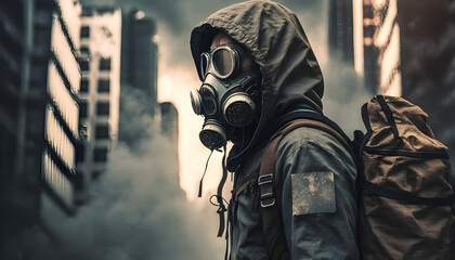 A survivor with a big backpack on a desolated city after a zombie outbreak apocalypse, generated by ai