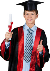 Teen male graduate showing diploma and giving thumbs up