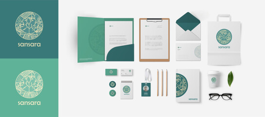 Green natural corporate identity design template with circle logo and mild gamma background. Branding for ecological company or yoga center, vegan shop or cosmetics market. Premium vector bundle.