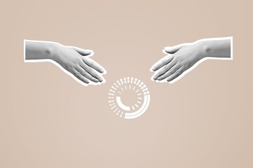 Hands of people with big loading icon.