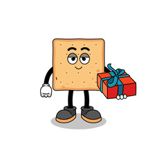 square cracker mascot illustration giving a gift