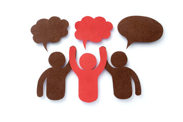 People shake hands to congratulate them on their success with speech bubble made of paper cut isolated on white background. paper art minimal concept.