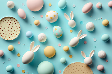 Fototapeta na wymiar Easter party concept. Top view photo of easter bunny ears white pink blue and yellow eggs on isolated pastel blue background with copyspace in the middle Generative AI