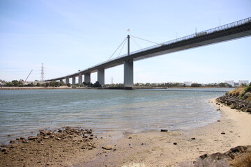 Westgate Bridge spanning the mouth of the Yarra River, Melbourne, Victoria, Australia.