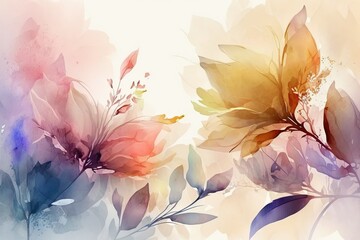 Fototapeta na wymiar Watercolor painting with delicate abstract flowers with splash background. Generative AI. 