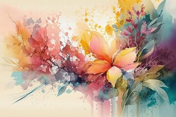 Watercolor painting with colorful abstract flowers with splash background. Generative AI. 