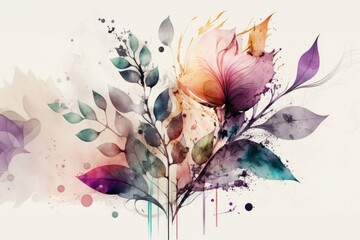 Watercolor painting with colorful leaves with splash background. Generative AI. 
