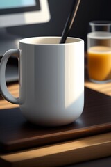 White coffee mug on the top of a desk, empty cup isolated for design, generative Ai