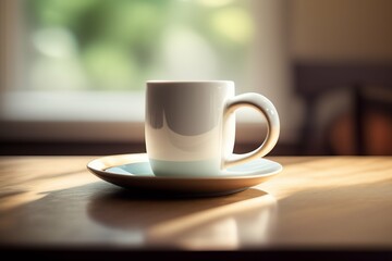 White coffee mug on the top of a desk, empty cup isolated for design, generative Ai