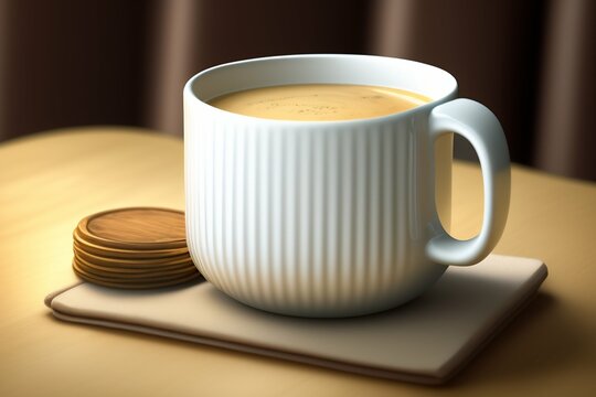 White coffee mug on the top of a desk, empty cup isolated for design, generative Ai