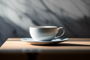 Obraz premium White coffee mug on the top of a desk, empty cup isolated for design, generative Ai